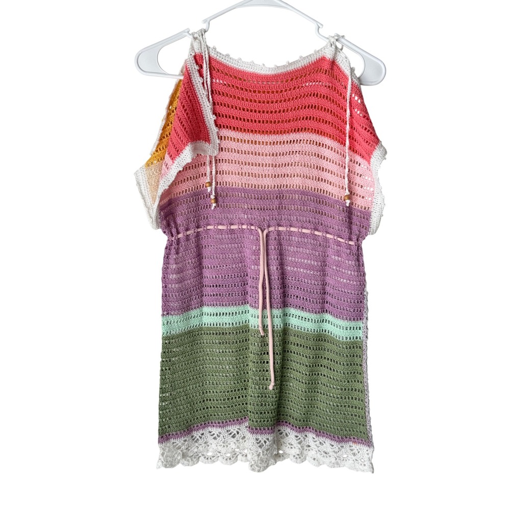 Multi-Color Crochet Knit Cold Shoulder Tunic Top Striped Boho Beach Coverup